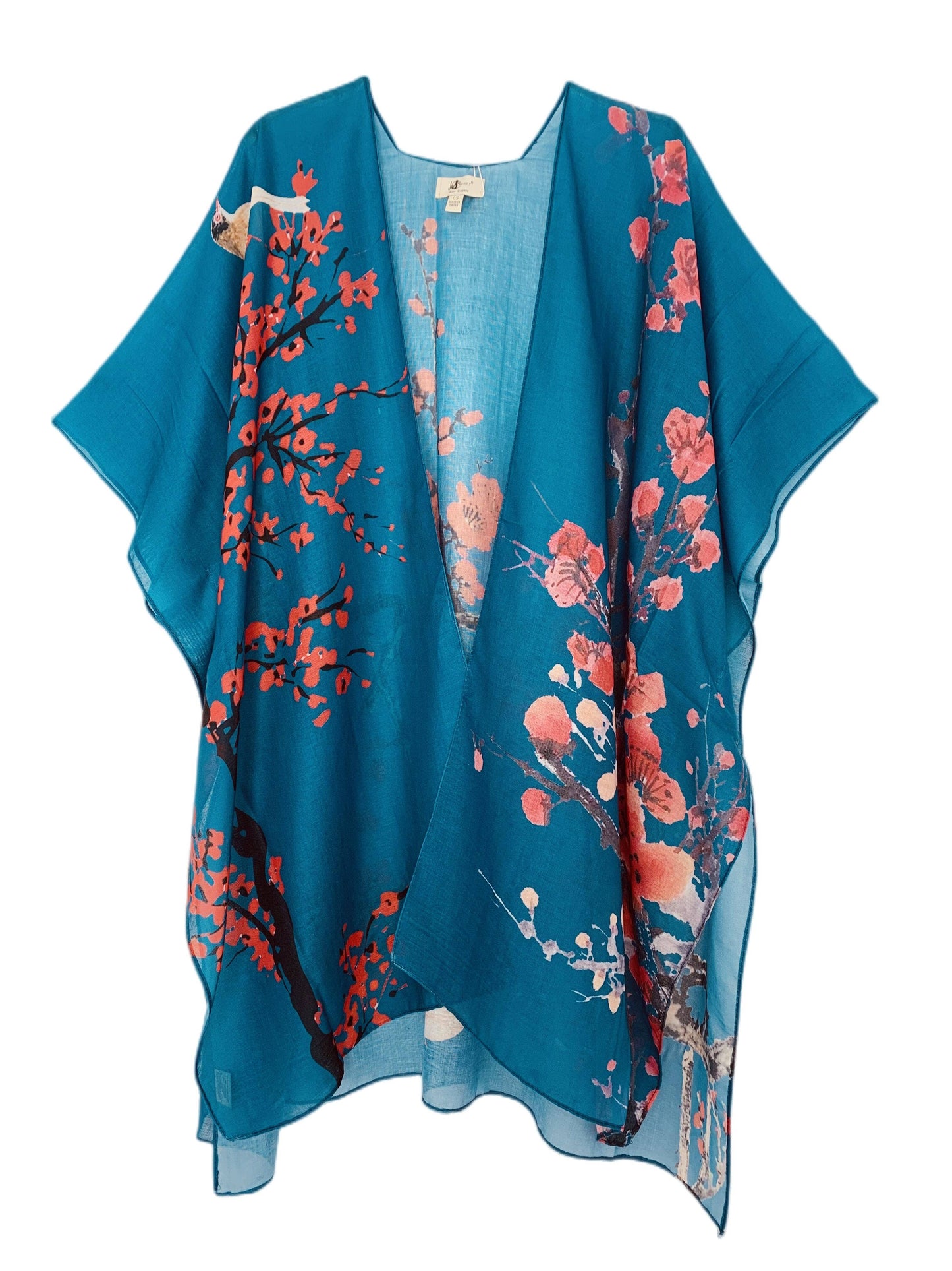 JC Sunny Fashion - Teal & Red Cherry Blossom Bird Kimono