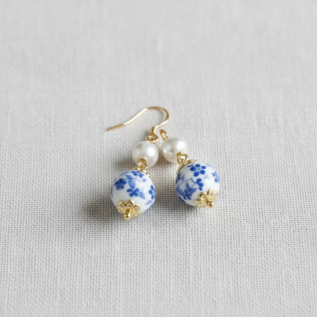 camilla dovey - Blue and White Ceramic and Pearl Drop Earrings