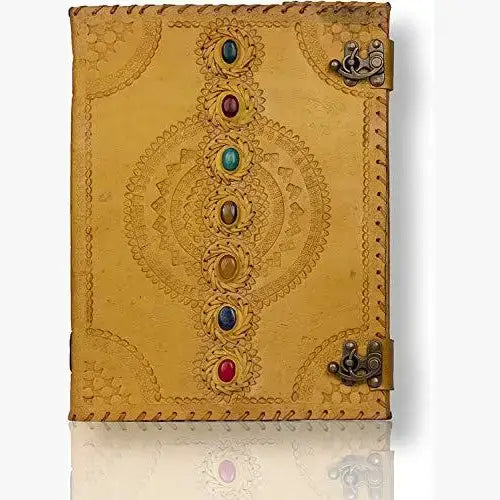 Tuzech Leather - Tuzech Handmade Vintage Seven Chakra Stone Embossed Diary: Brown / 10 x 7 inch / Unlined