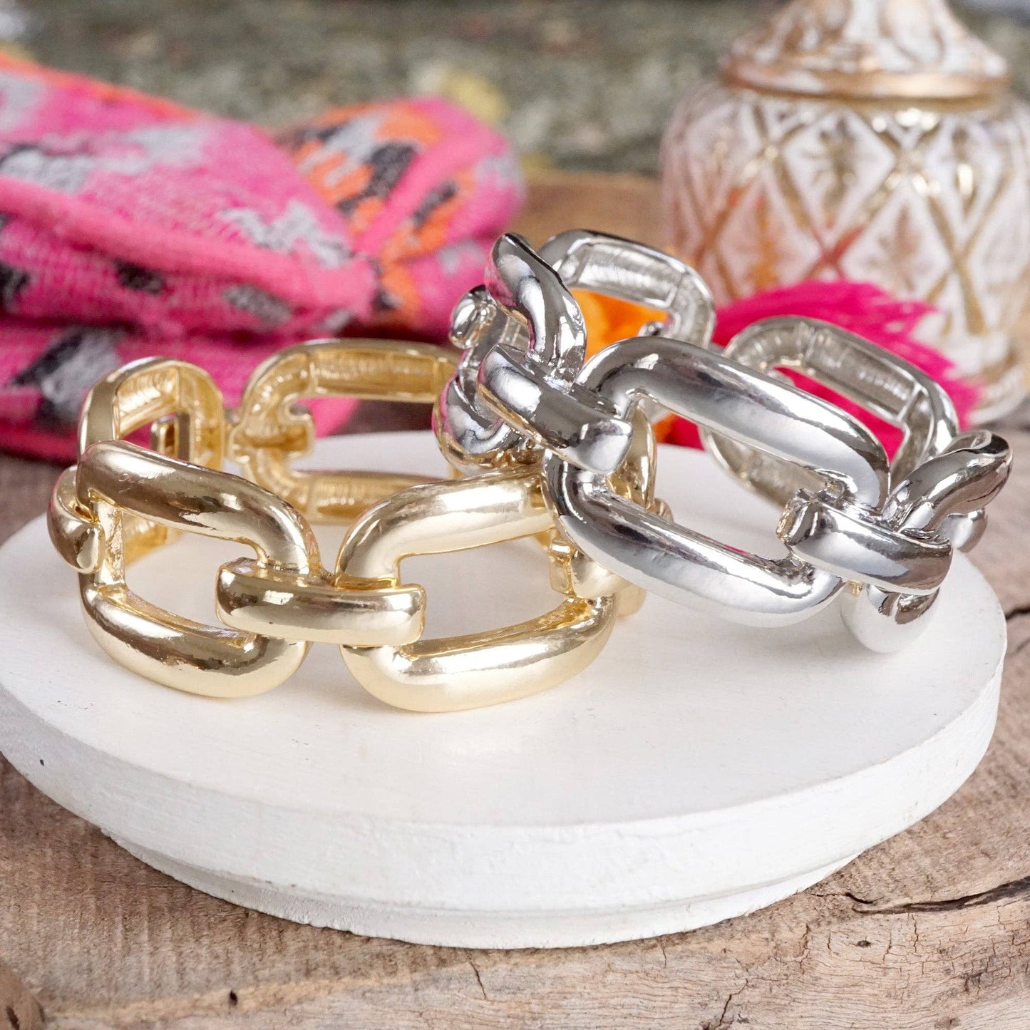 PennyLine inc - Chunky Chain Statement Stretchy Bangle Bracelet in gold or silver tone: Silver Tone