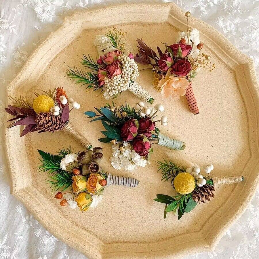 Sweet Home Deco - Dried Flower Mini Floral Bouquet, Boho Greenery Boutonniere: Style E