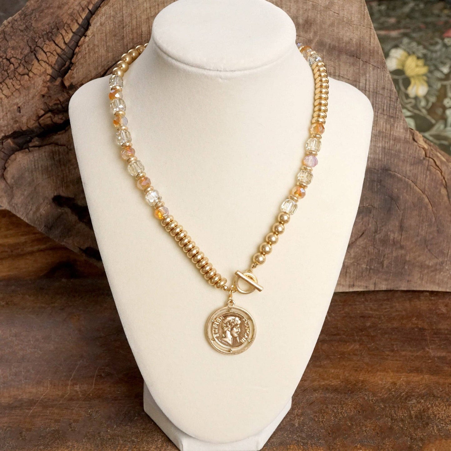 PennyLine inc - Front Toggle Coin Beaded Necklace With Glass and Golden Beads: Neutral