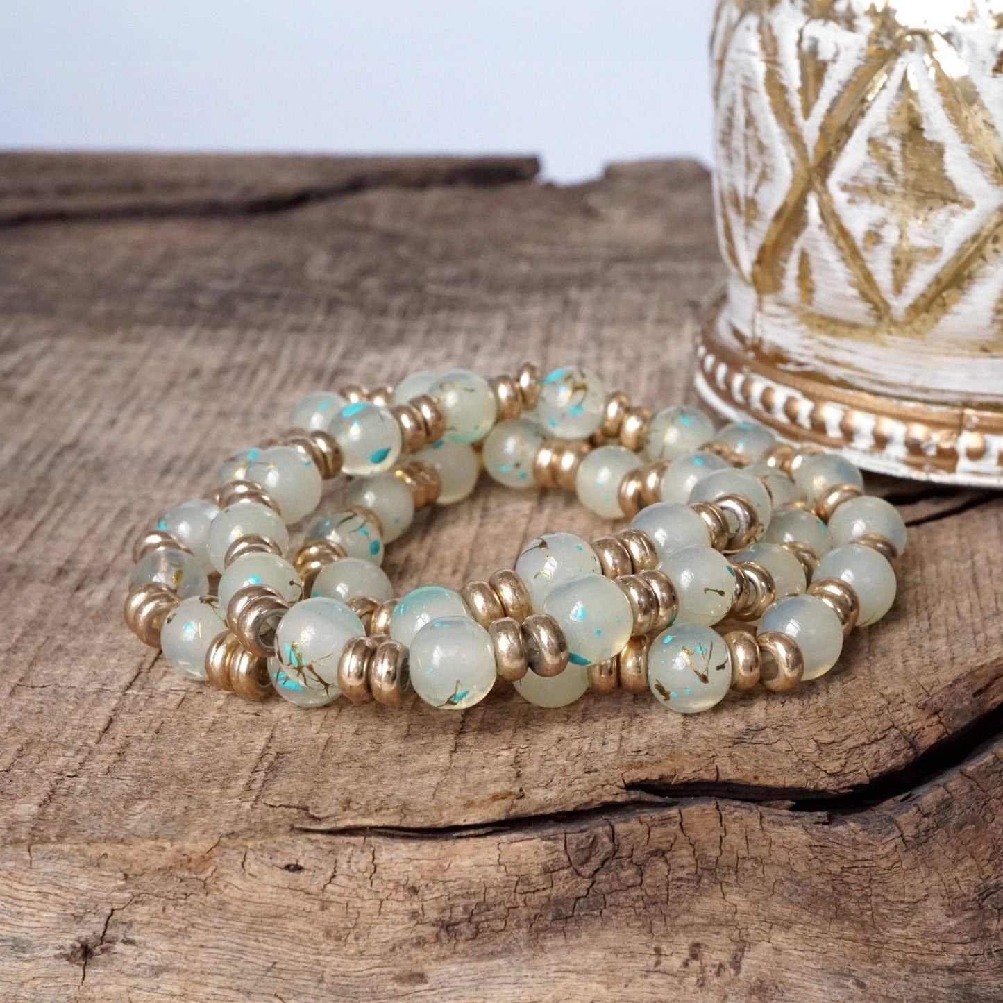 PennyLine inc - Glass Beaded Bracelet Stack with Worn Gold Accents – Green, Cream, or Gray: Gray