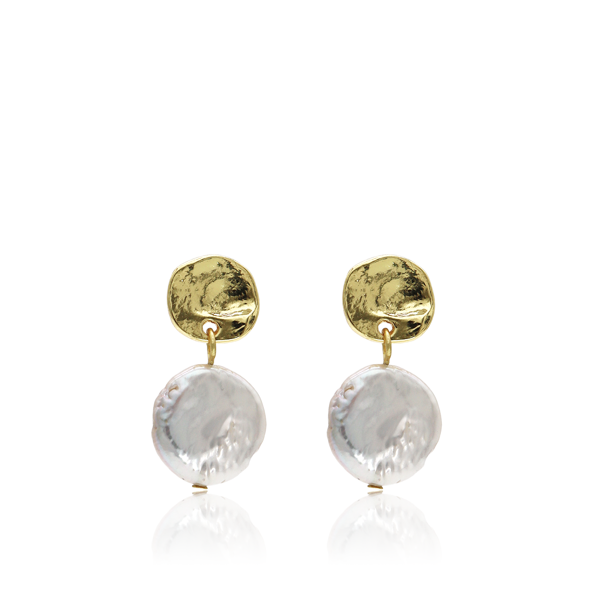KARINE SULTAN - Elegant Coin Studs with Flat Pearl Drop - 24K Gold Plated: Yellow Gold