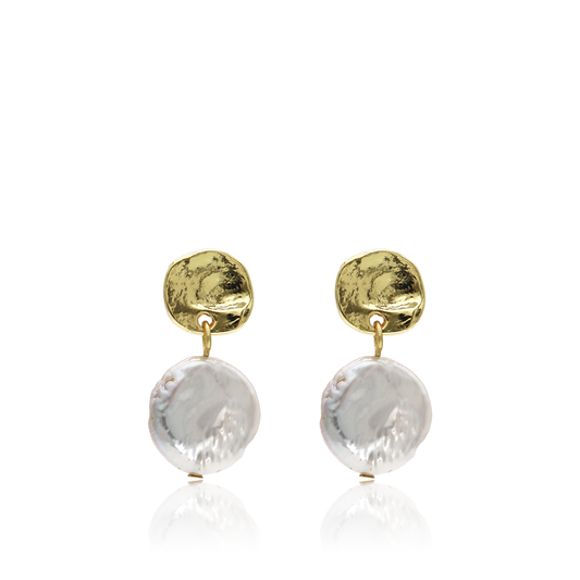 KARINE SULTAN - Elegant Coin Studs with Flat Pearl Drop - 24K Gold Plated: Yellow Gold