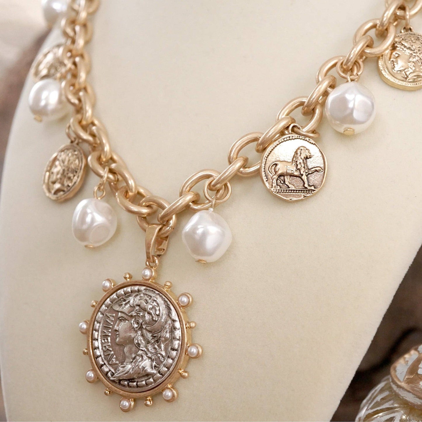 PennyLine inc - Boho Coin and Pearl Charms Statement Necklace – Gold and Silver Tone: Gold