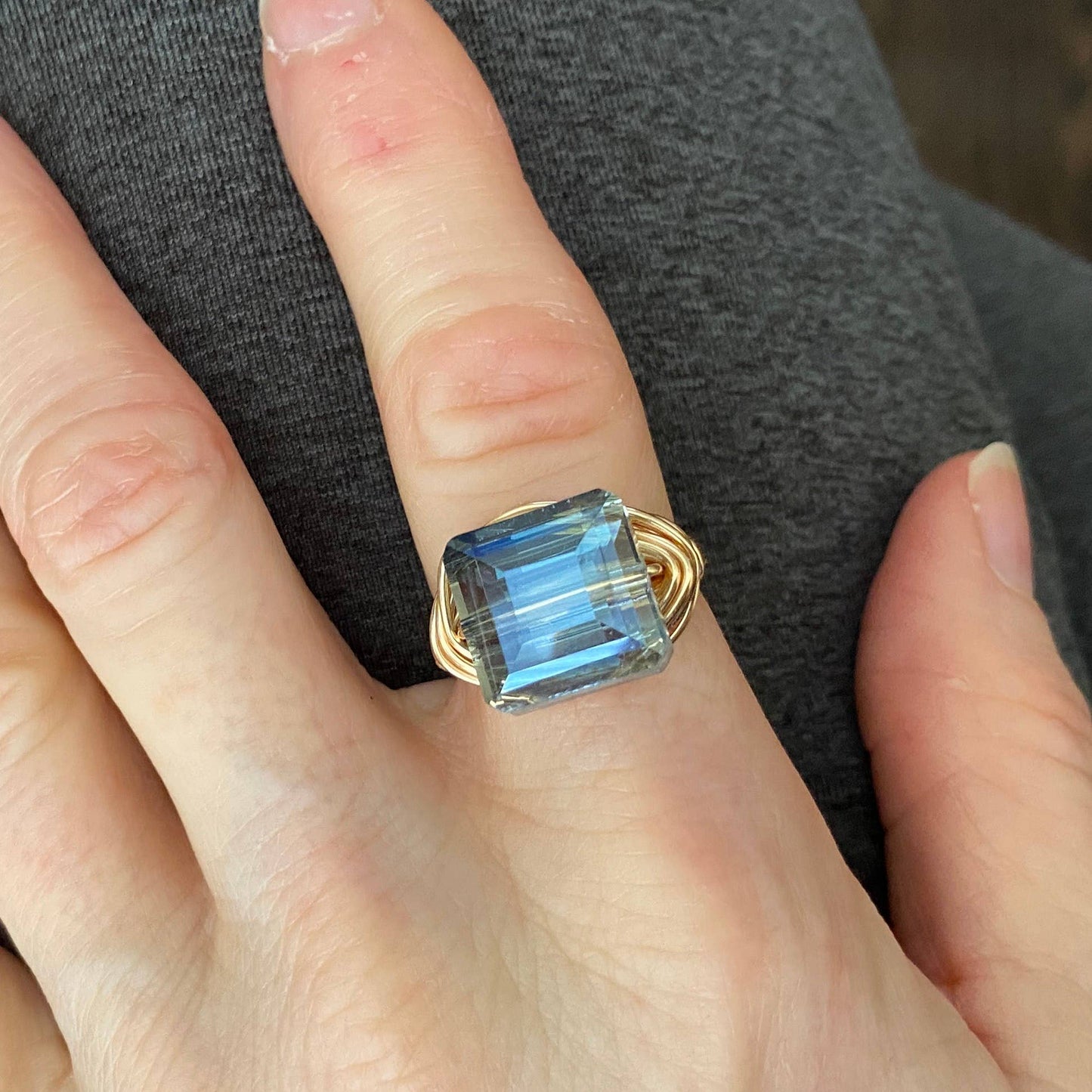 Marble Designs Jewelry - Blue Square Crystal Gold Wire Wrapped Ring StatementCocktail: 7 / Gold / Champagne