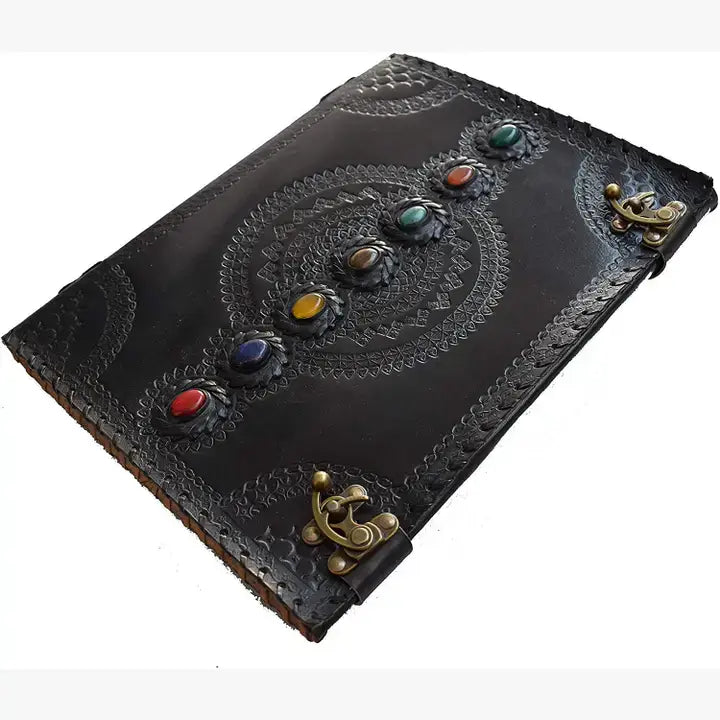 Tuzech Leather - Tuzech Handmade Vintage Seven Chakra Stone Embossed Diary: Brown / 10 x 7 inch / Unlined