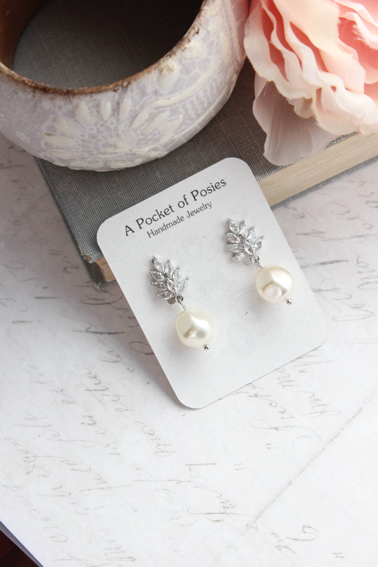 A Pocket of Posies - Glass Leaf Post Earrings | Baroque Pearl | Gold or Silver: Gold Plated
