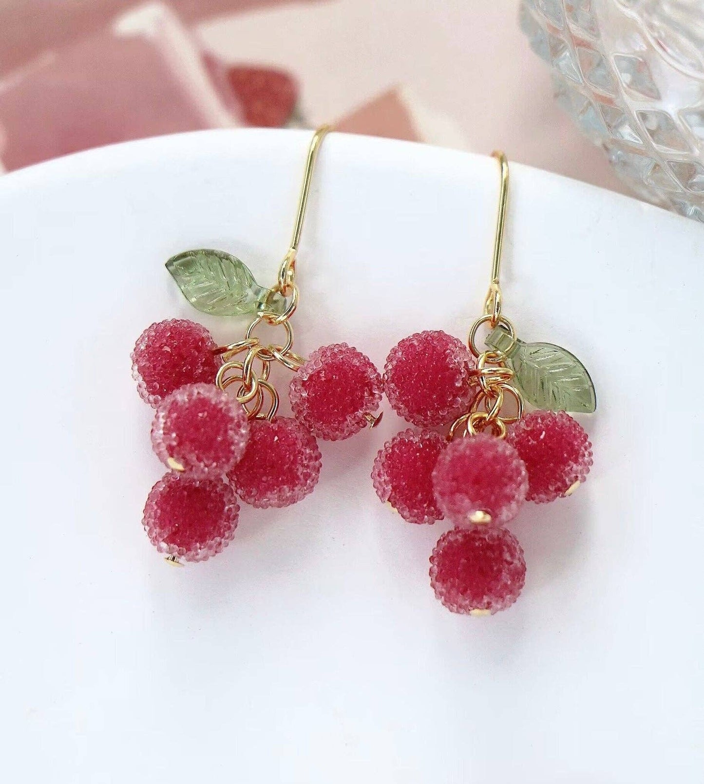 Haengseongworkshop - 18K Gold Plated 5mm Pink Chinese Bayberry Dangle Hook Earrings