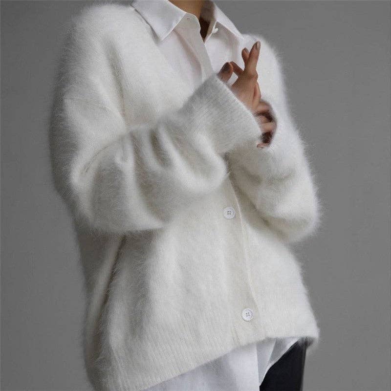 OceanusSwim - Loose Solid Color Cashmere V-Neck Cardigan Sweater: WHITE / XL