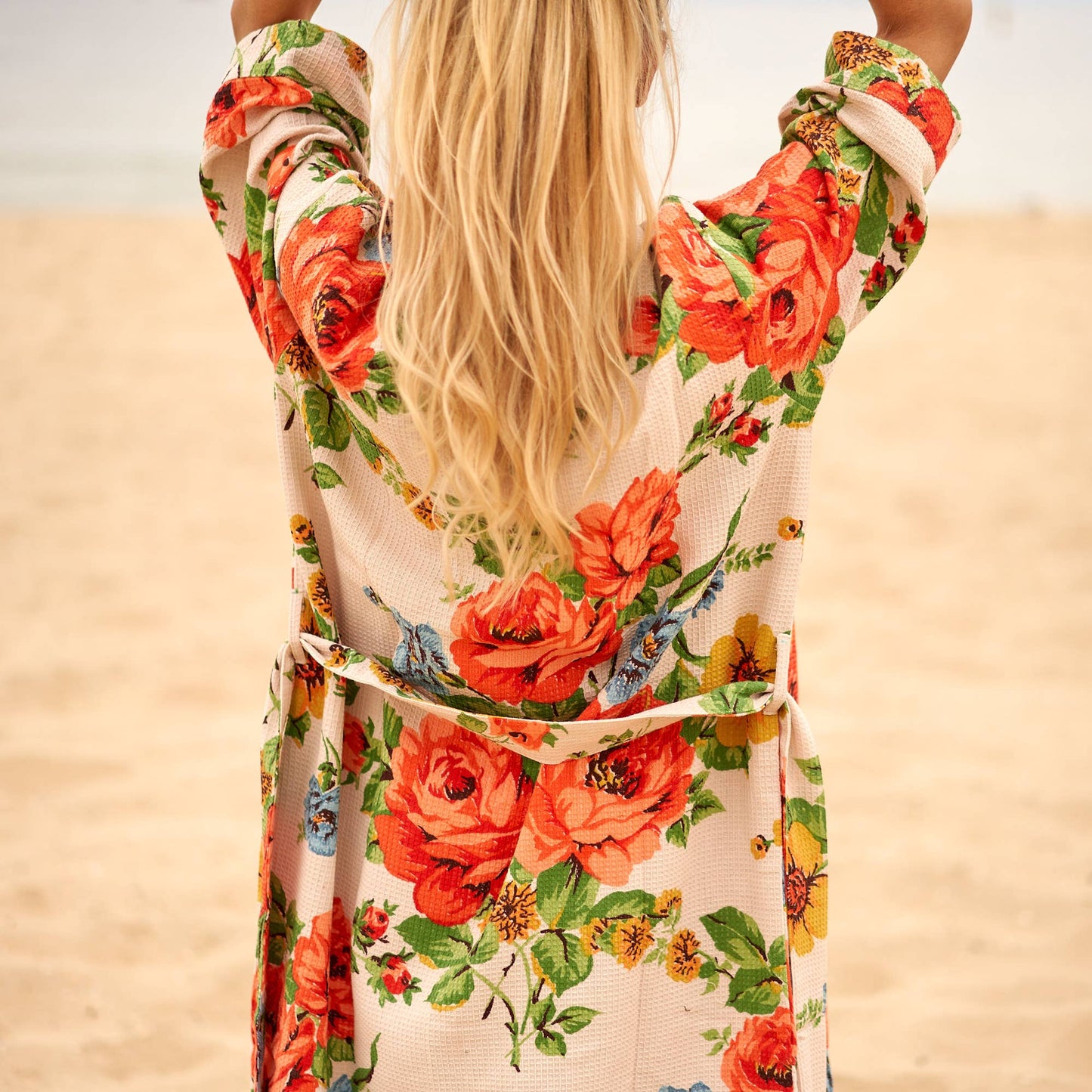 Linen Connections - Cotton Kimono Bathrobe Frida Waffle Robes Cream Floral Print