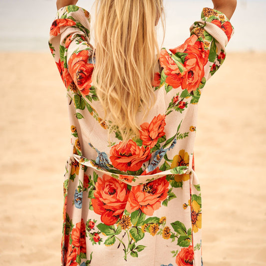 Linen Connections - Cotton Kimono Bathrobe Frida Waffle Robes Cream Floral Print