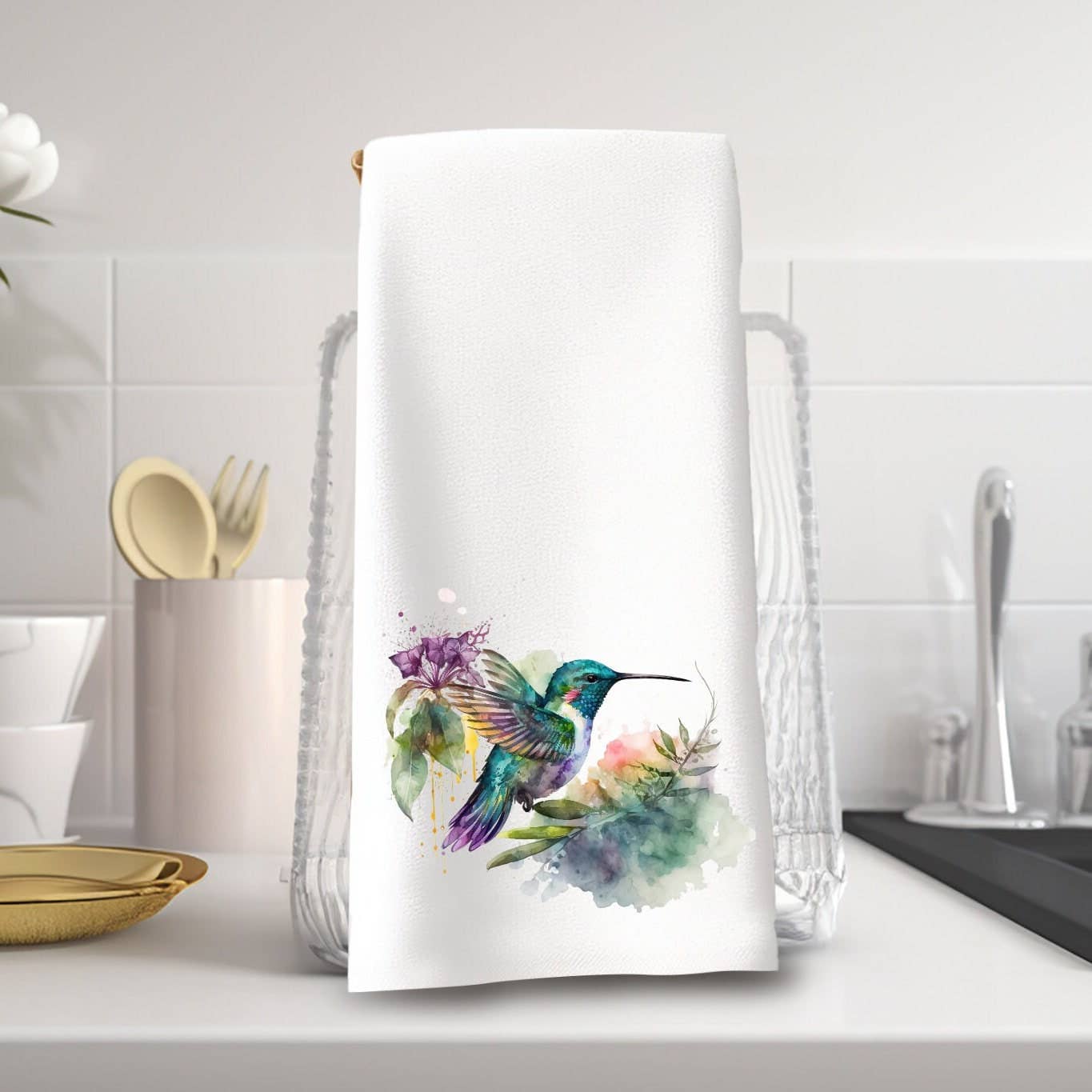 Fernville Creations - Hummingbird Watercolor Art Luxury Bathroom Hand Towel