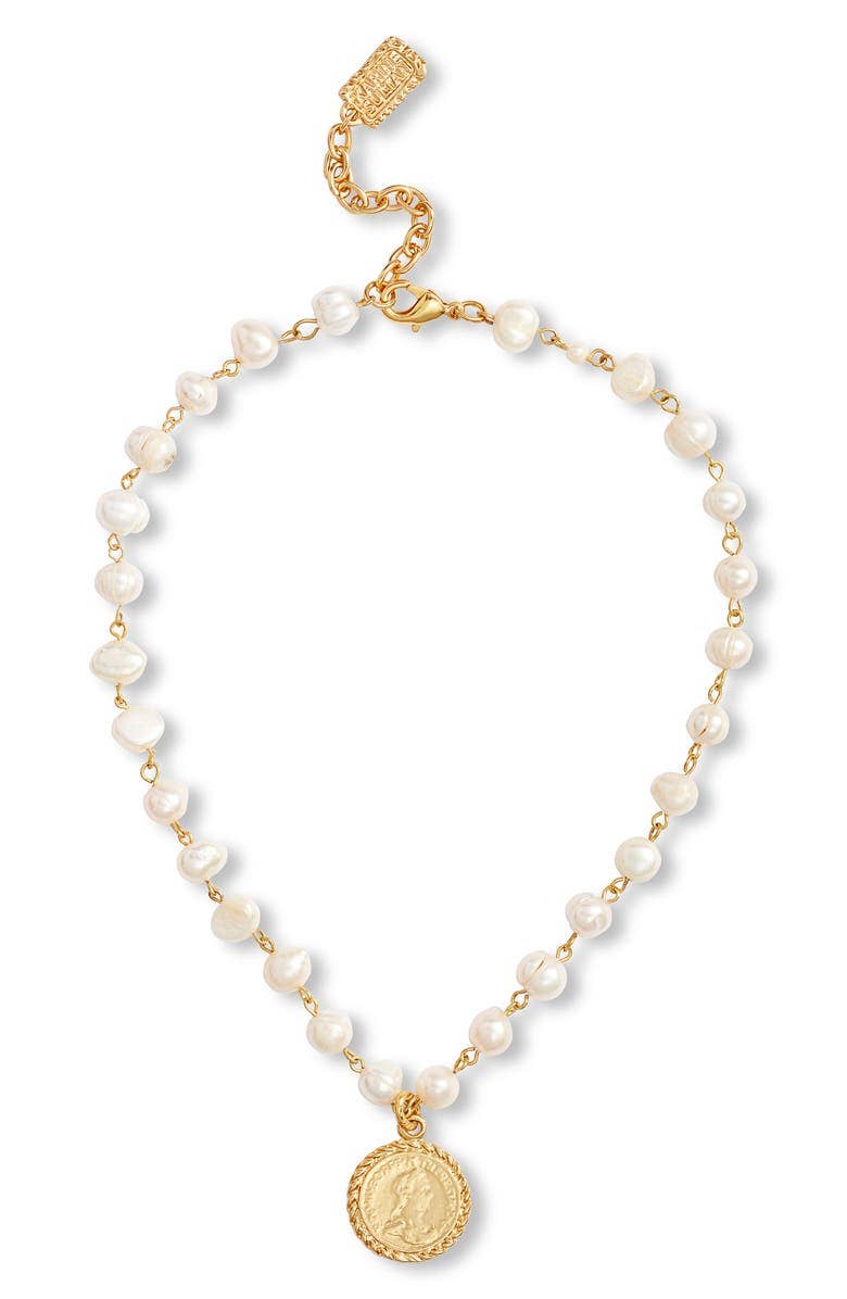 KARINE SULTAN - Elegant Pearl Necklace & Medallion Charm Pendant: Gold