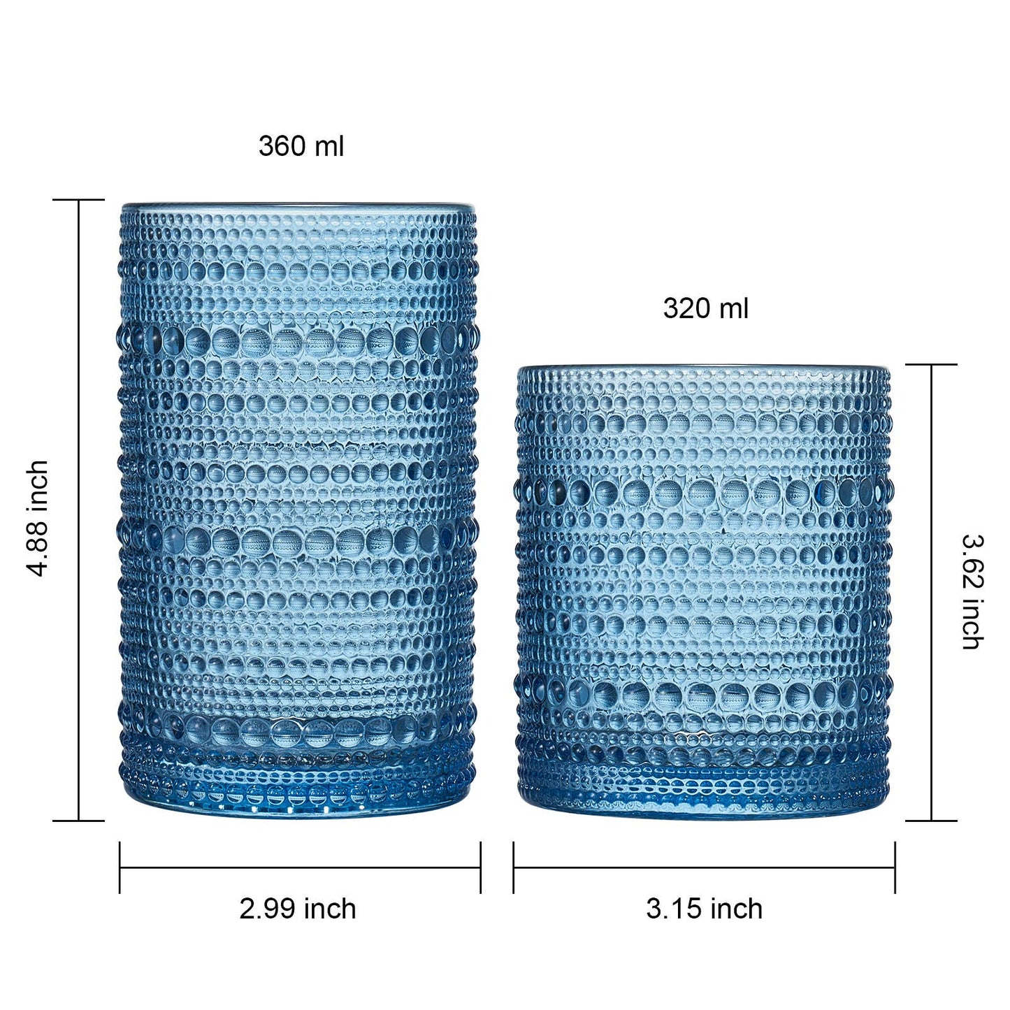 The Wine Savant /  Khen Glassware - Blue Hobnail Glasses, 12 Set, 6x Low 11OZ + 6x High 12OZ