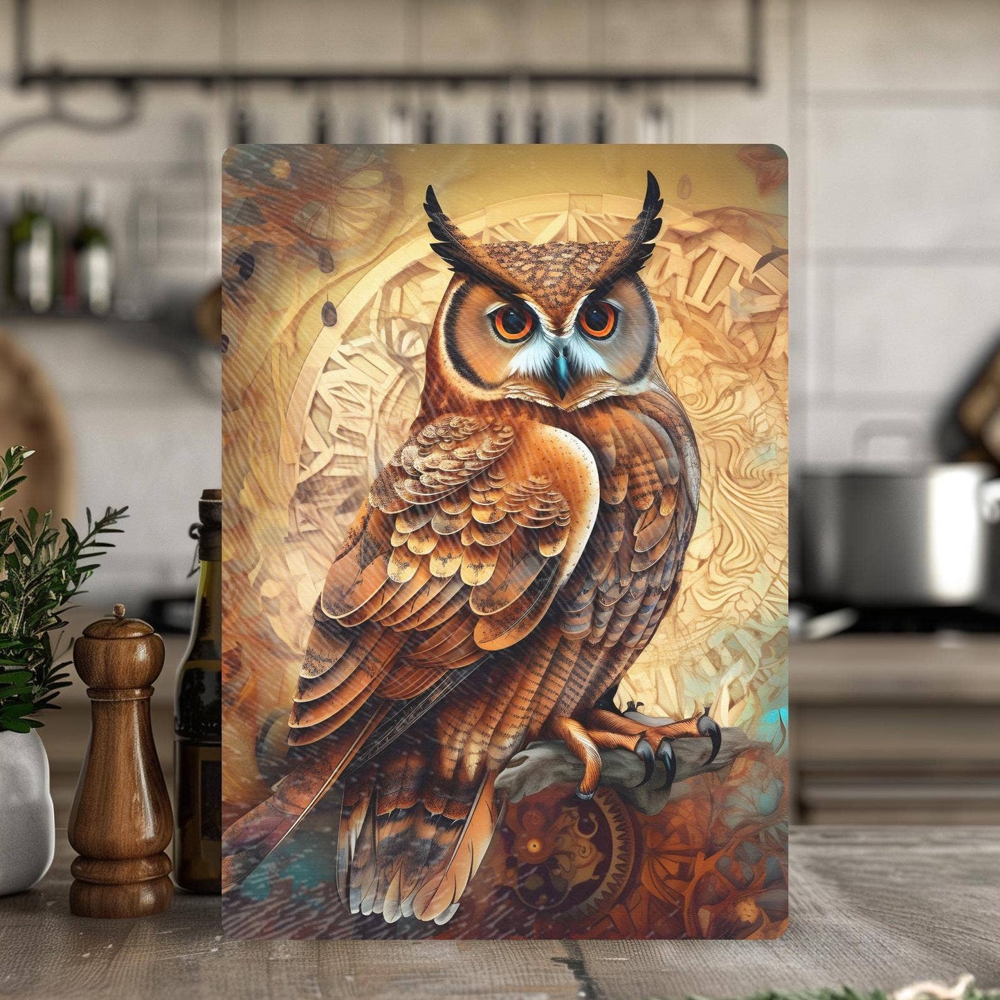 Fernville Creations - Owl Tempered Glass Cutting & Serving Board, Kitchen Art Gift: 12x15 Inch