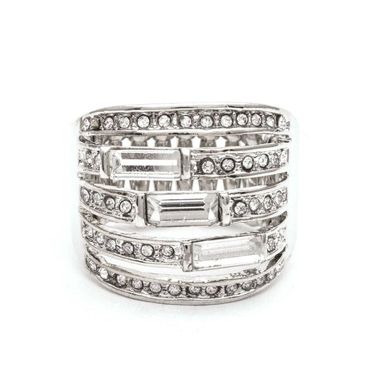 Artini Accessories - Crystal Baguette Stretch Cocktail Ring: Silver