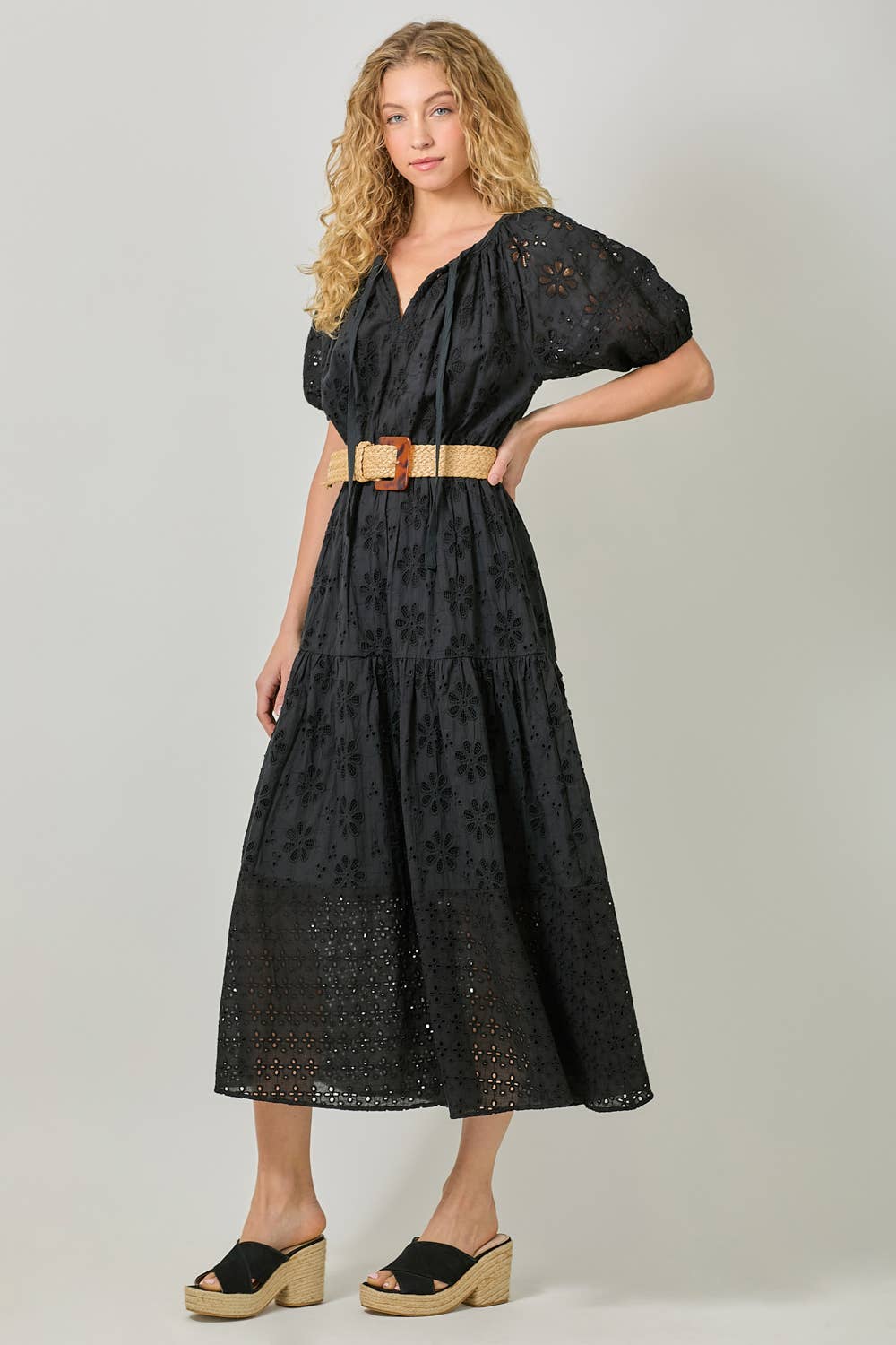 Mystree - 61037 Puff Sleeve Tiered Eyelet Dress: Ivory / Small