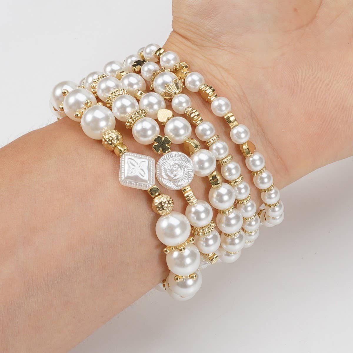 NINEXIS - CWAJE05689_BOHO MULTI LAYER FAUX PEARL BEADED BRACELET: Beige / (OS) 1