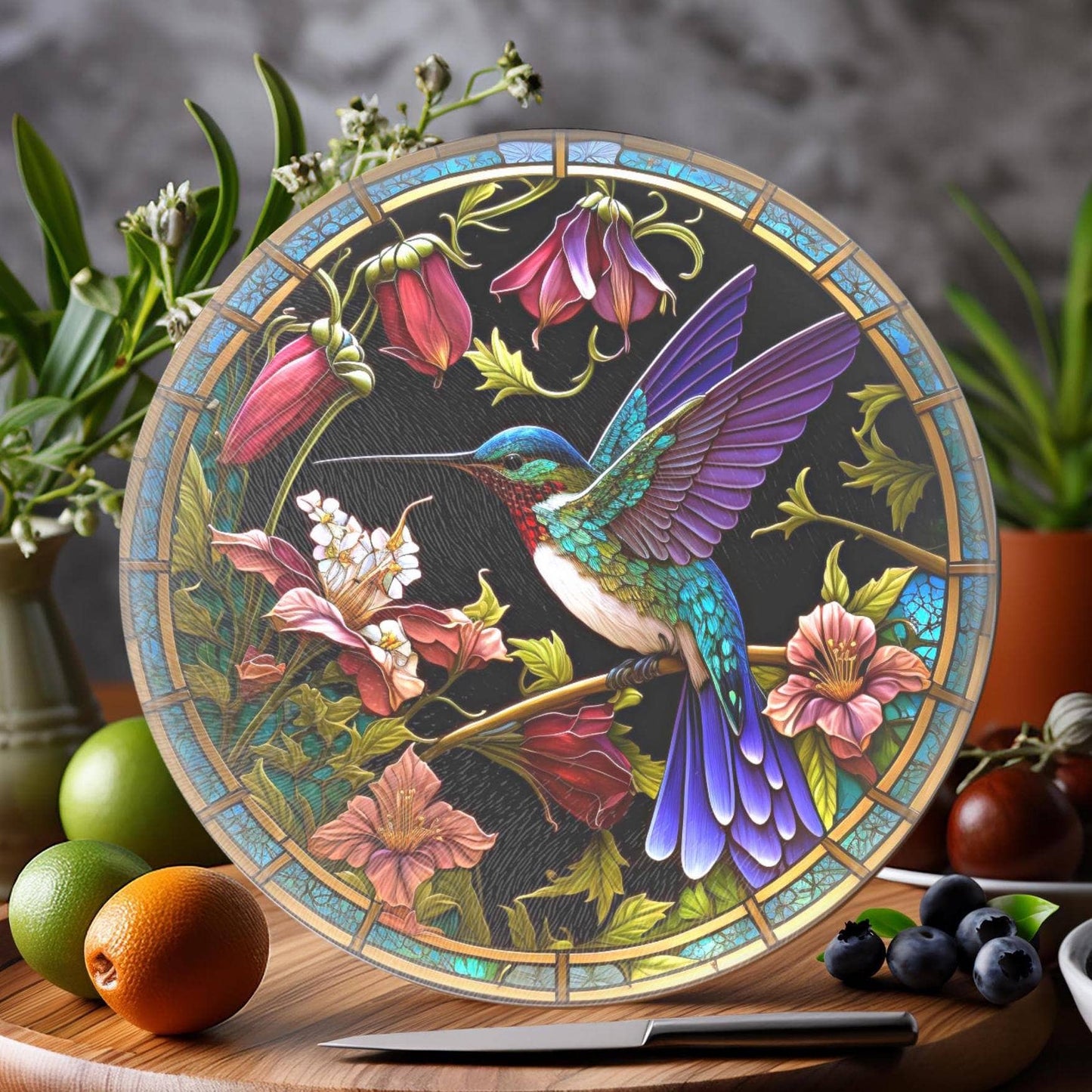 Fernville Creations - Hummingbird Tempered Glass Cutting & Charcuterie Board: 12 Inch