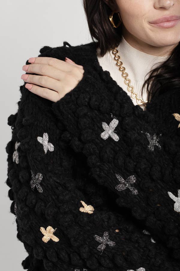 SAACHI - Knitted Cardigan Cross Pom Pom: IVORY