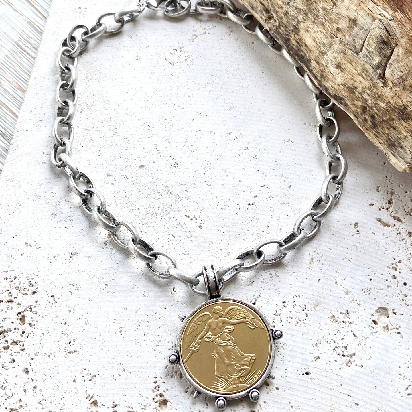 VB&CO Designs Handmade Jewelry - Medallion French Angel coin necklace boutique  jewelry: Burnished silver