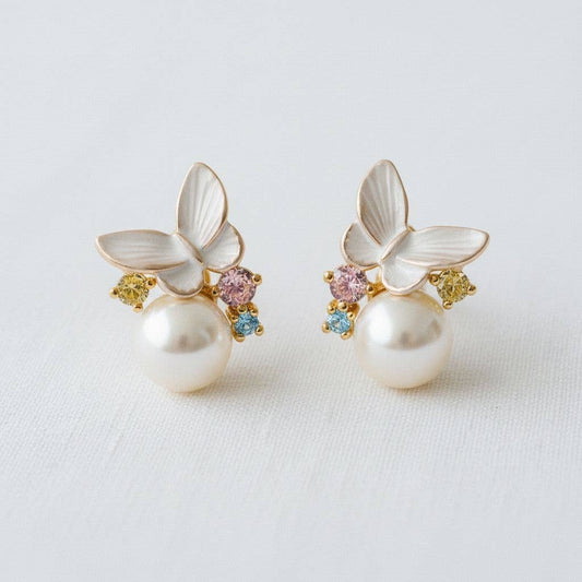 Ellemadera - Vintage French Pearl and Cubic Zirconia Butterfly Stud Earri