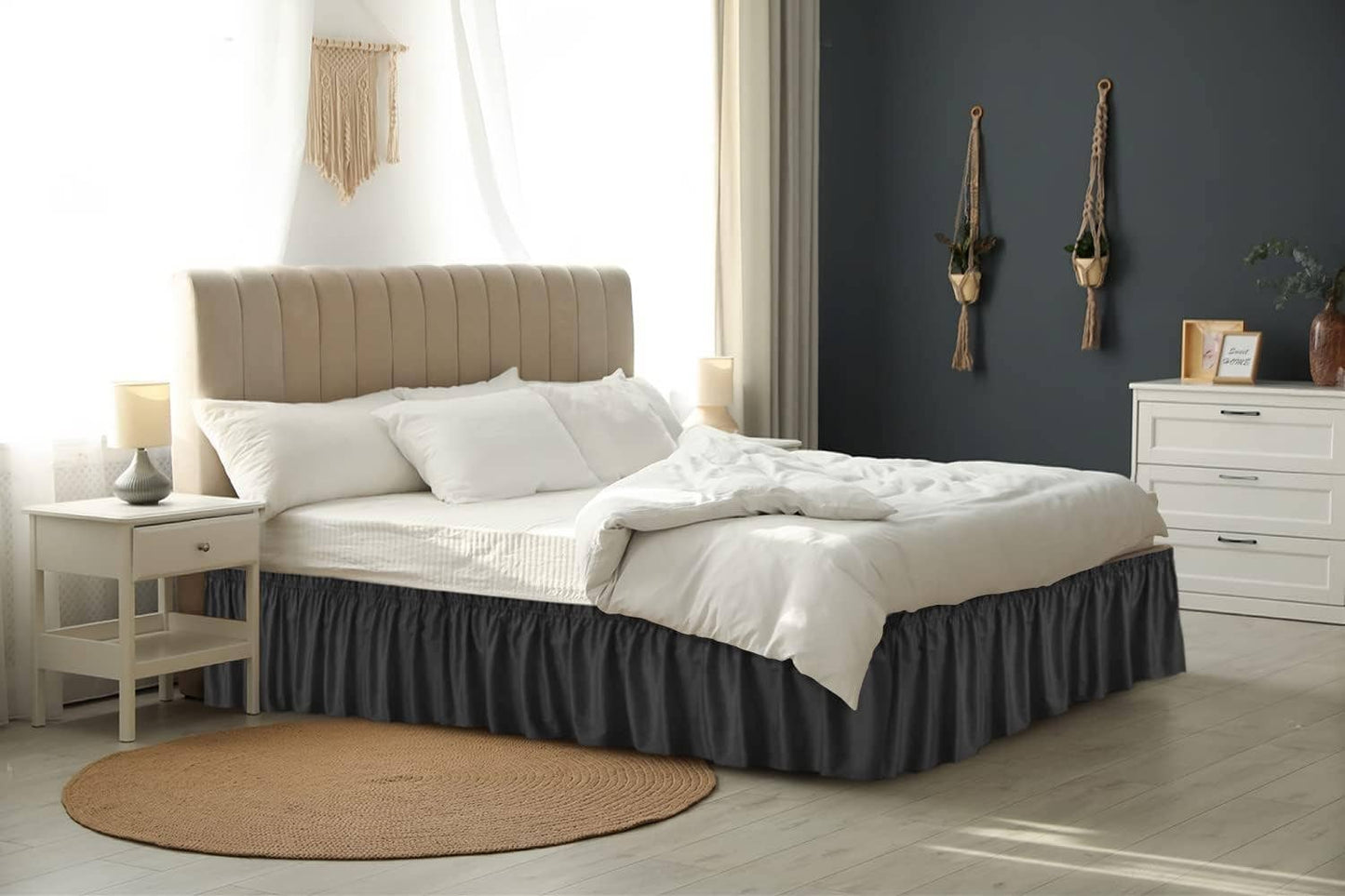 CGK Unlimited - Elastic Wrap-Around Dust Ruffled Bed Skirt- Pleated 12" Drop: Gray / Queen