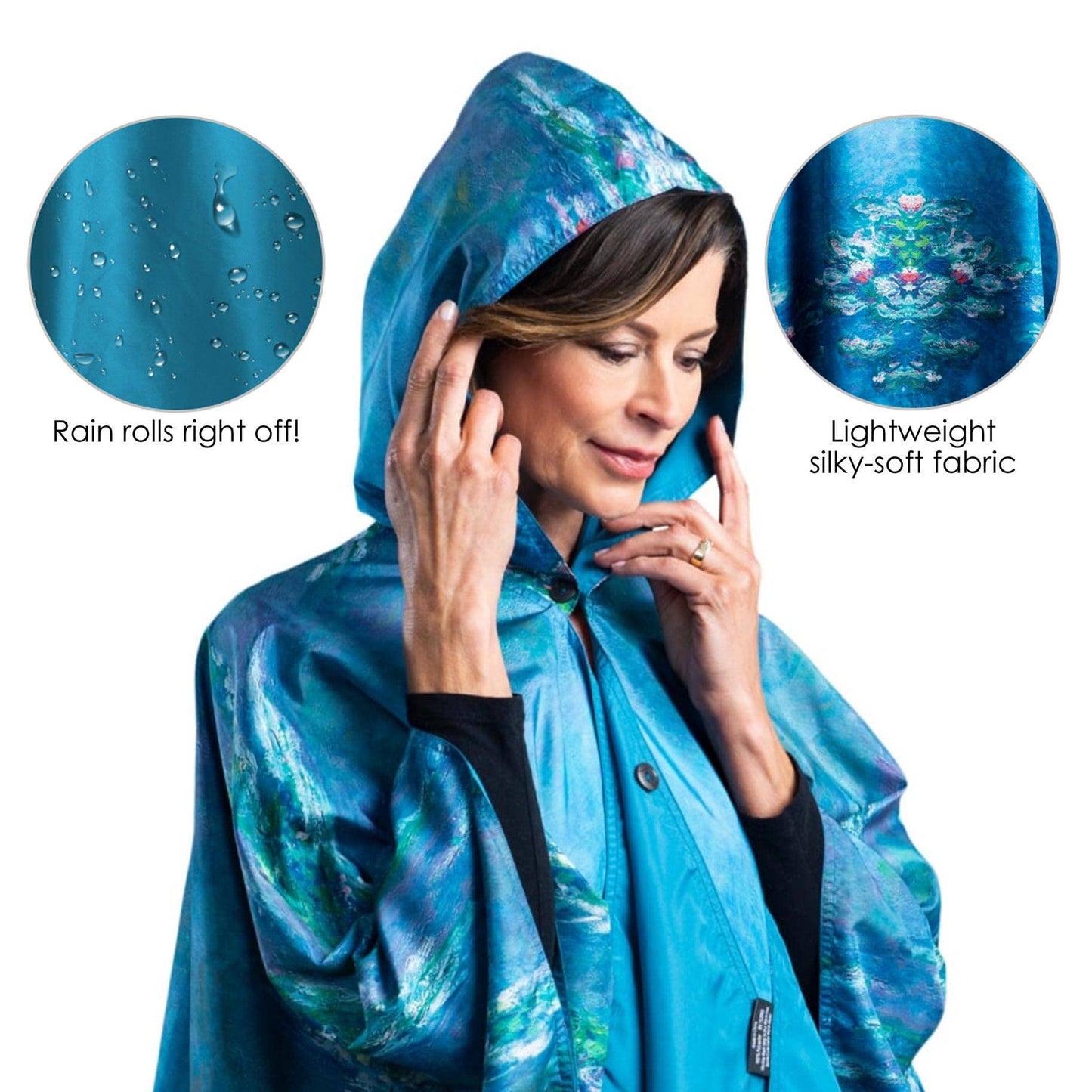 RainCaper - Monet Water Lilies Reversible Rain Cape Poncho – Lightweight Hooded Wrap for Women