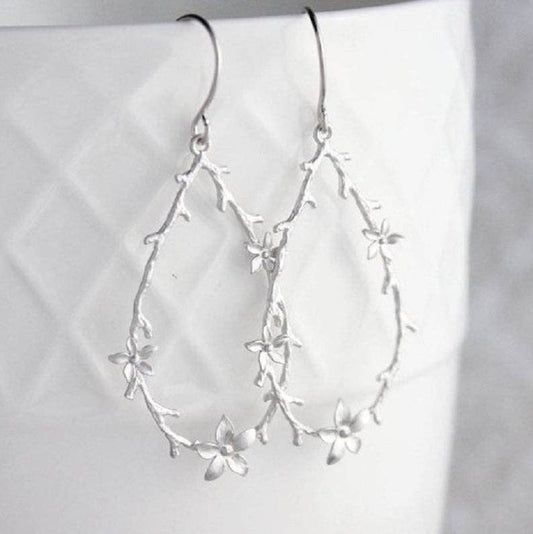 A Pocket of Posies - Twig and Flower Hoop Earrings: Matte Silver