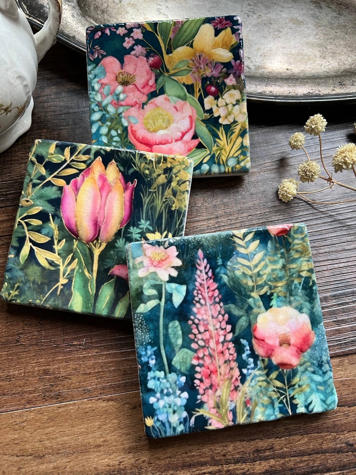 The Painted Lily - Watercolor Garden Midnight stone coasters - case of 6