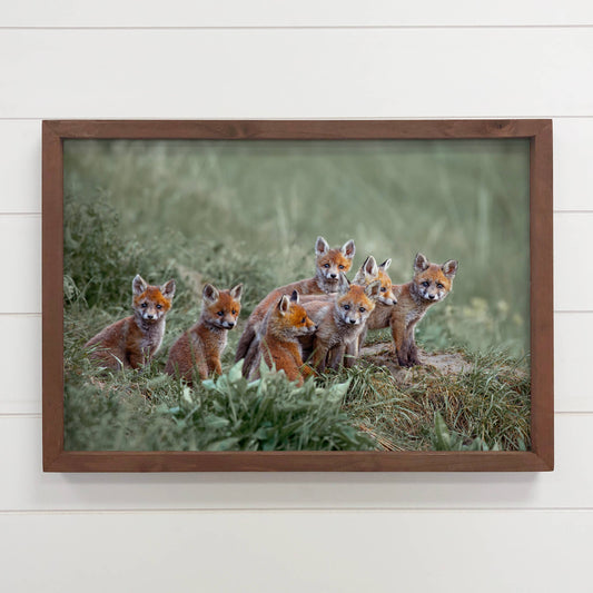 Hangout Home - Baby Fox Pups - Wildlife Photography Canvas Art - Wood Frame: 24x36" Extra Large Canvas Art with Thick Wood Frame
