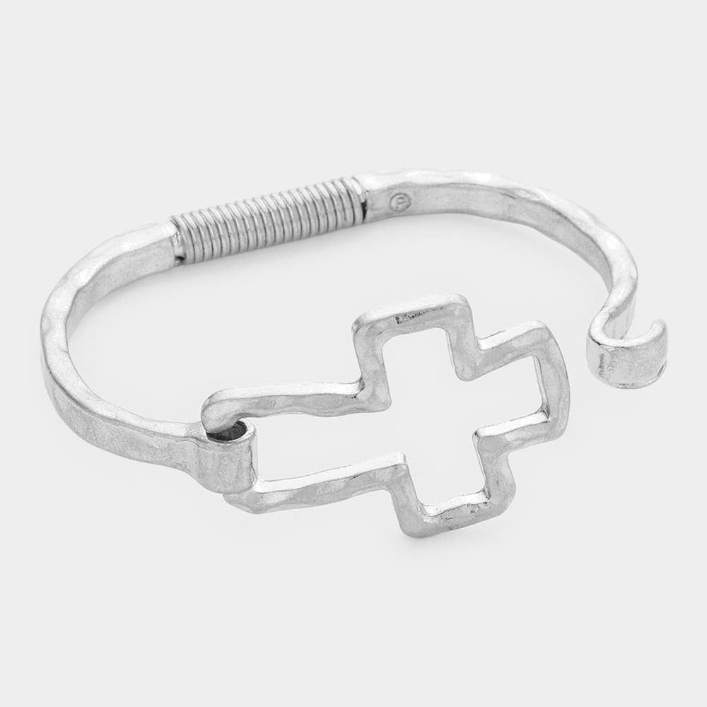 Sensibling Corp. - Hammered Open Metal Cross Hook Bracelet: Worn Silver