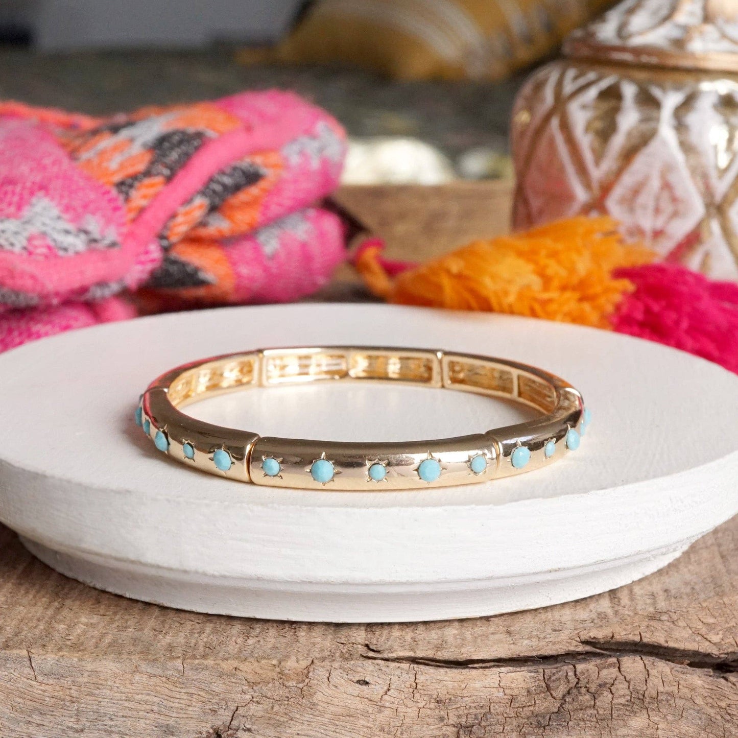 PennyLine inc - Gold-Tone Eternity Stretch Bangle – Pearls, Turquoise, or Crystals: Skinny - Clear Crystals
