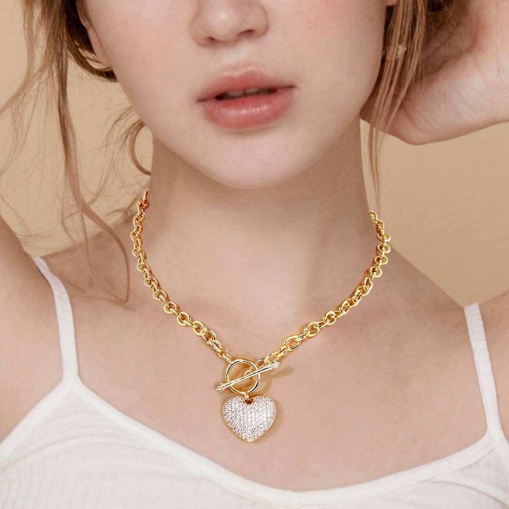 Sensibling Corp. - Gold Dipped CZ Pave Heart Pendant Toggle Necklace: Gold