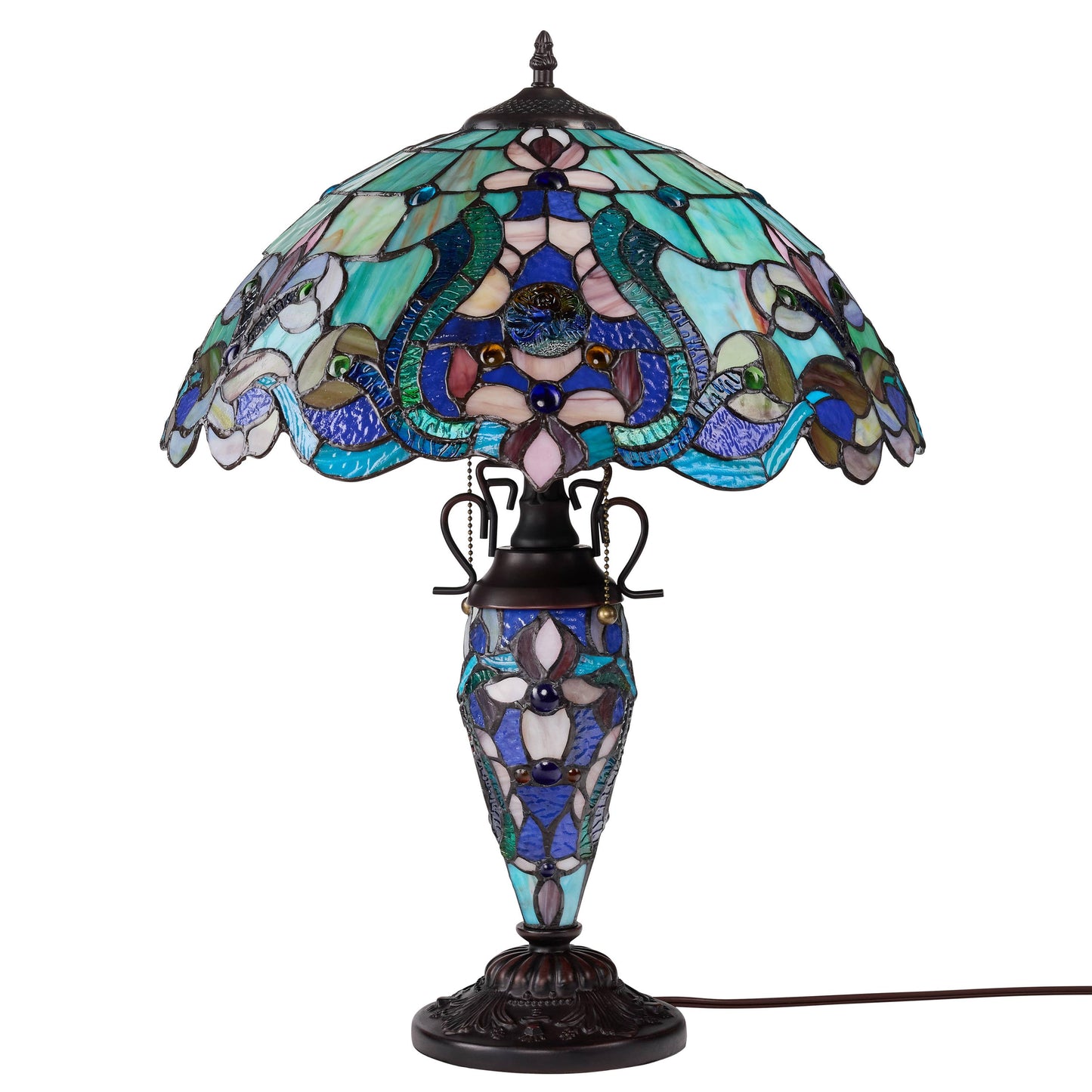 River of Goods - 24"H Double Lit Teal Tiffany Style Stained Glass Table Lamp