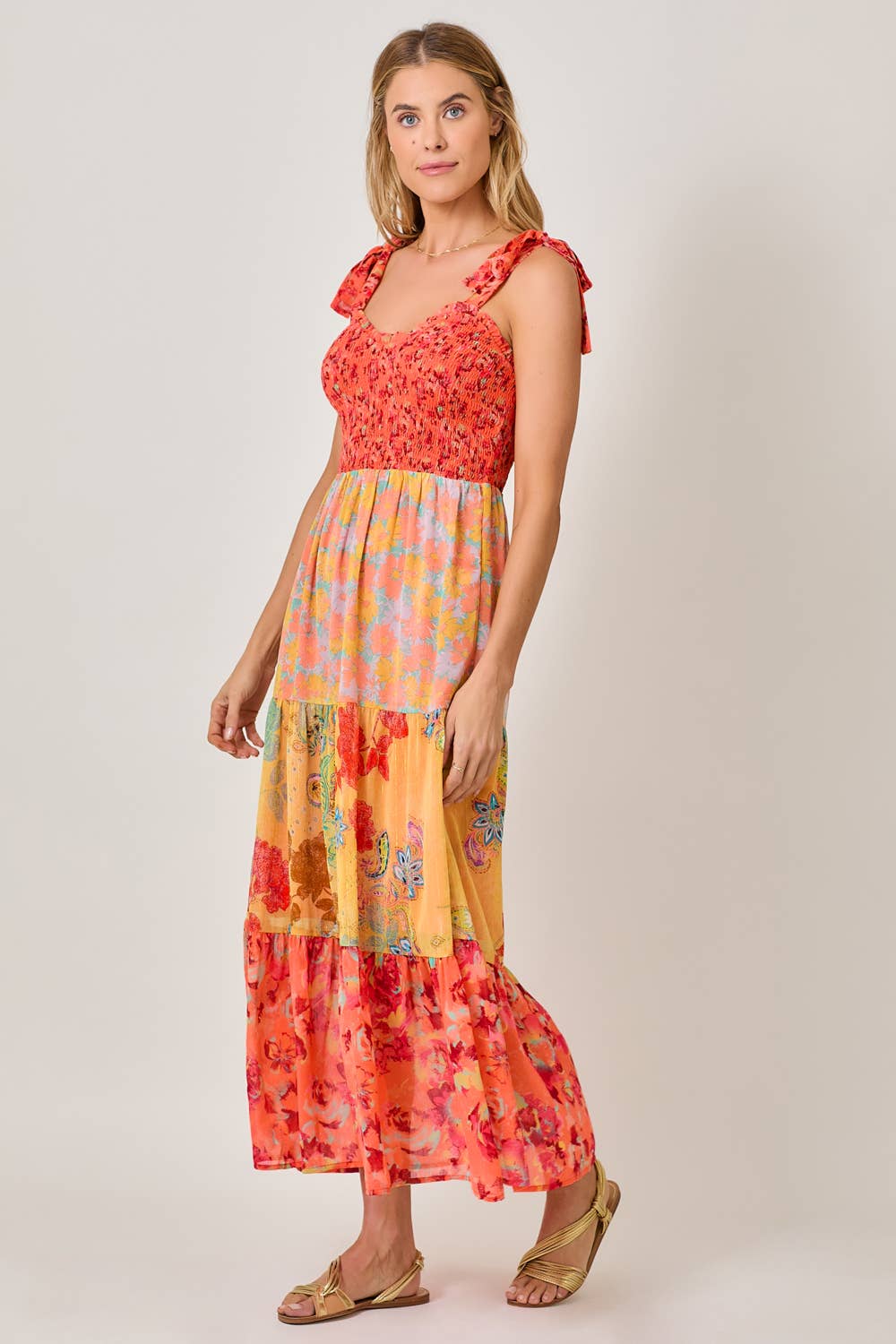 Mystree - 61078 Strap Tied Smocked Top Tiered Long Dress : Emerald Mix / Medium