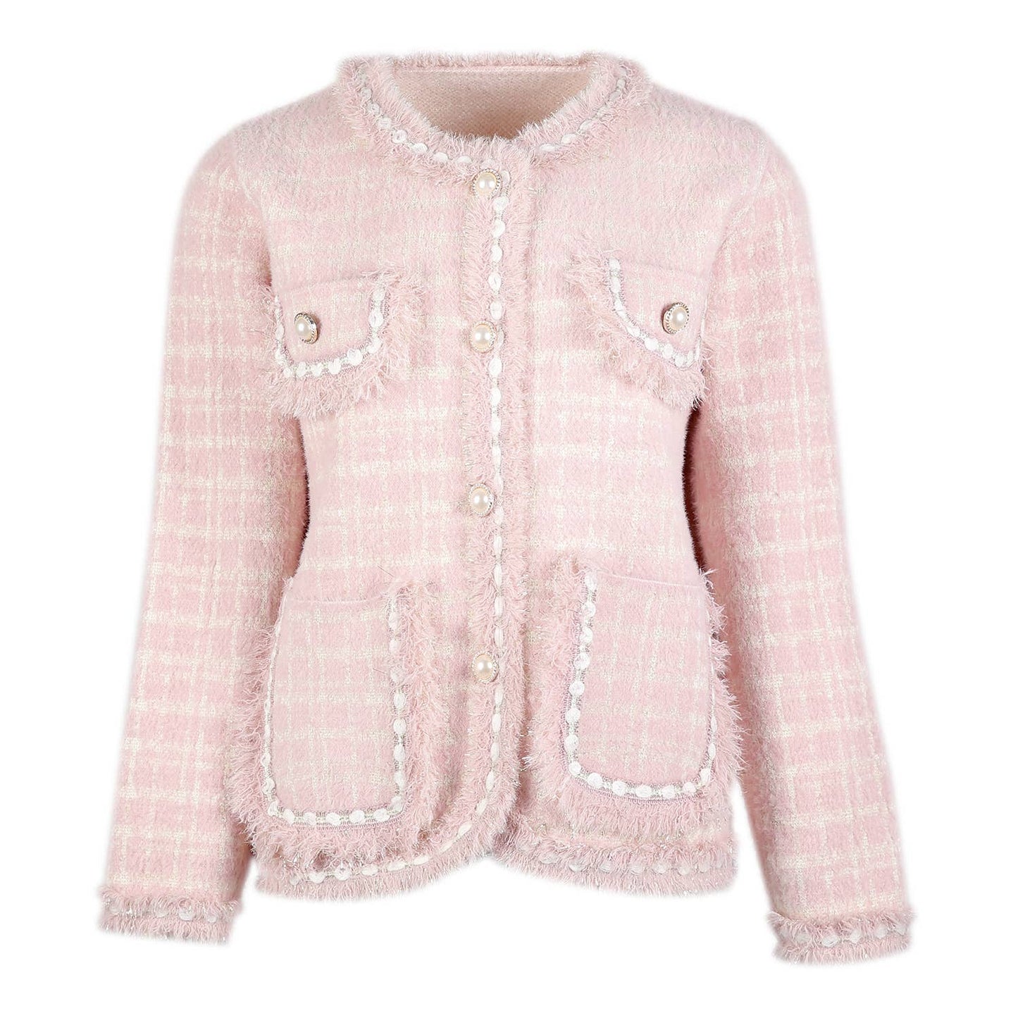 PEACH ACCESSORIES -  Fringed Hem and Cuffs Cardigan with Pearly Buttons SD187: Black