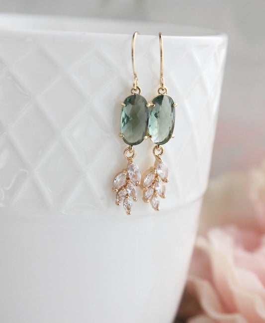 A Pocket of Posies - Sparkling Crystal Earrings | Leaf Earring | Bridal Earrings: Erinite Green
