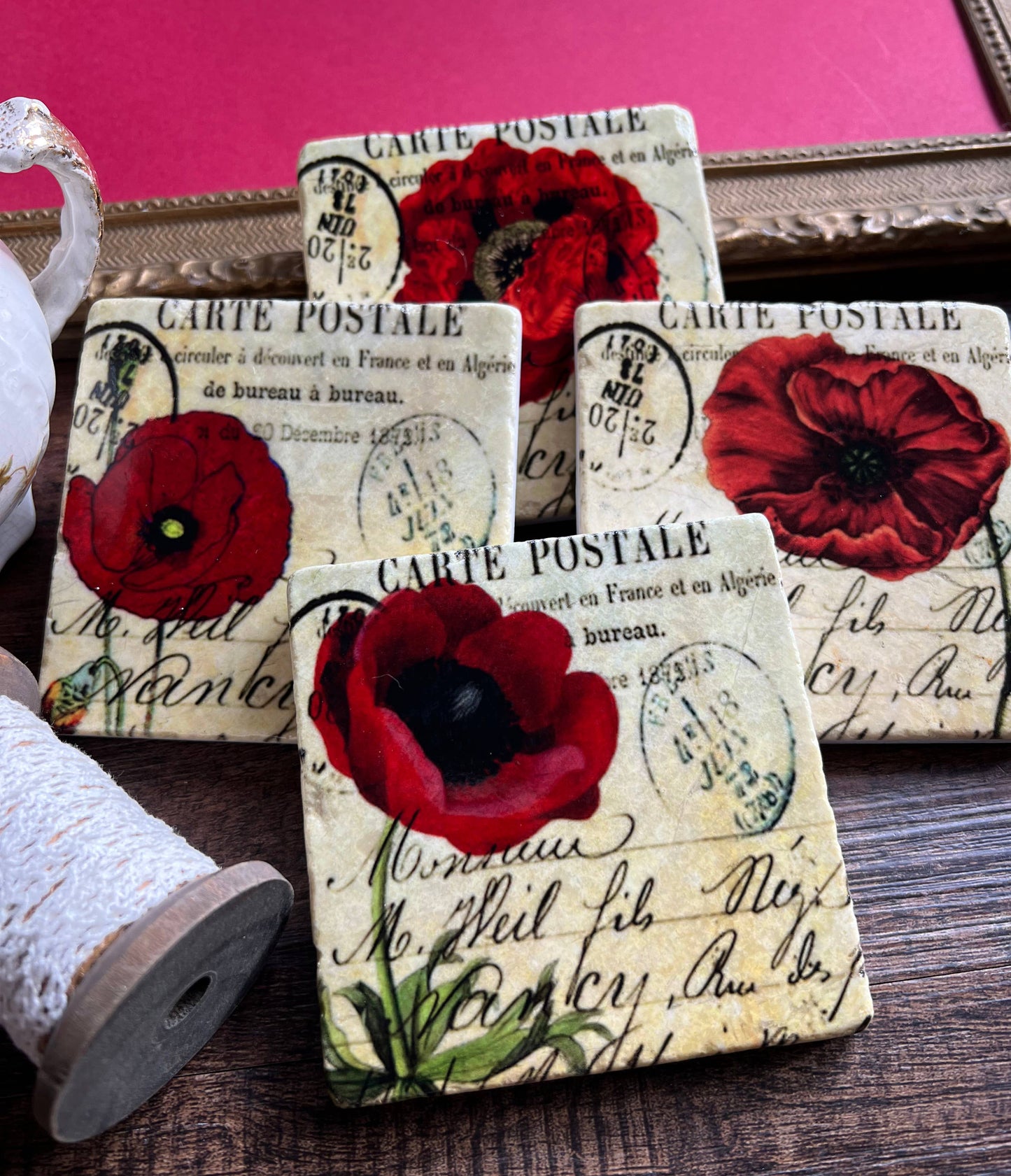 The Painted Lily - Red Poppies stone coasters - case of 4