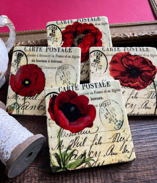 The Painted Lily - Red Poppies stone coasters - case of 4