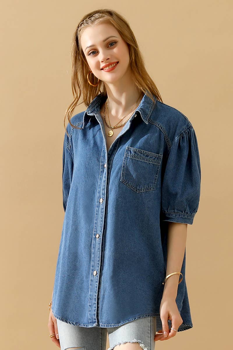 NINEXIS - CWJT0001-B_SHORT PUFF SLEEVE BUTTON DOWN DENIM SHIRTS: DENIM / (L) 1