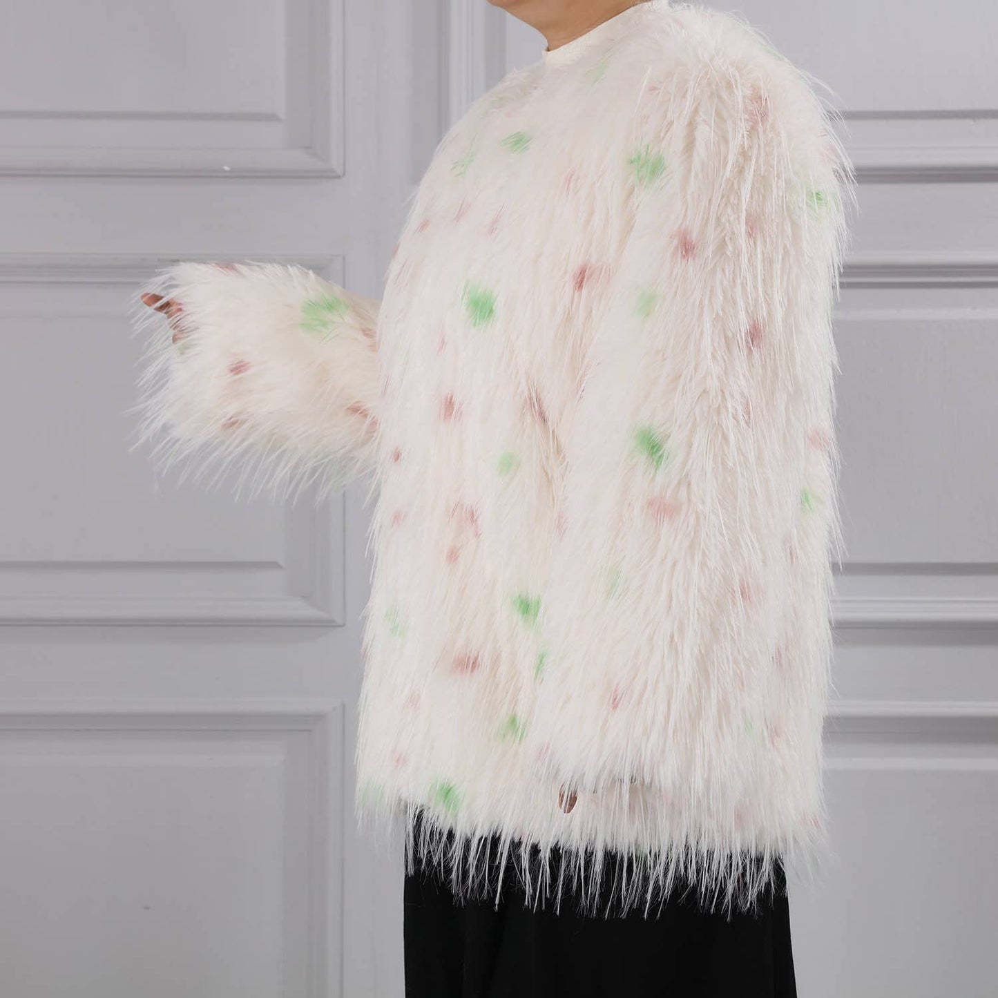 PEACH ACCESSORIES - Polka-Dot Shaggy Cape Coat CE102: Pink Mix