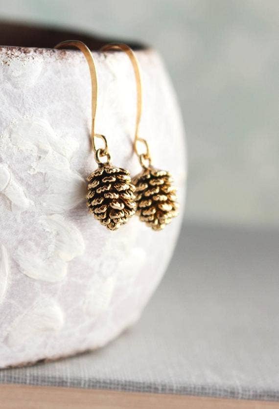 A Pocket of Posies - A Little Pine Cone Drop Earring - Rustic Gold