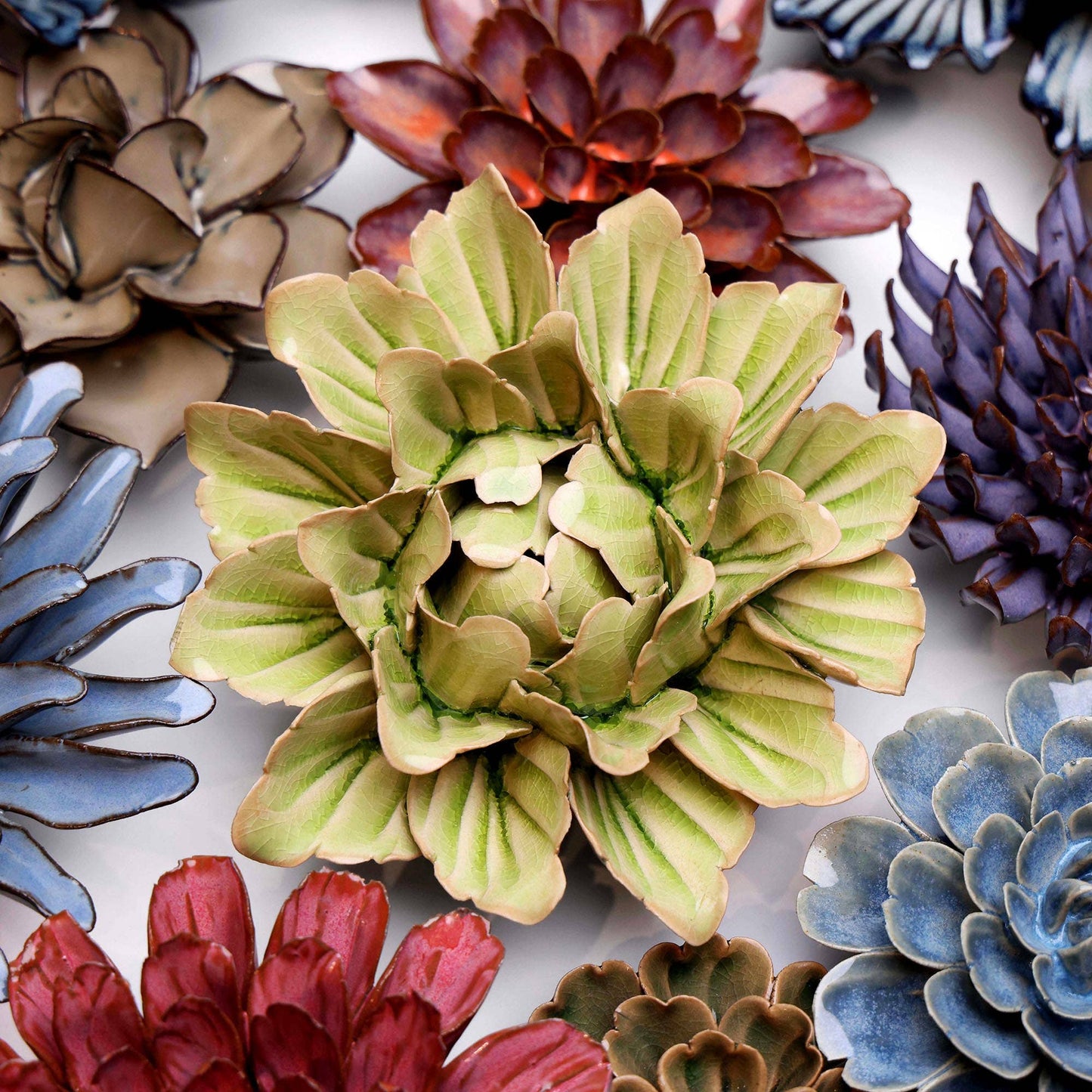 Chive - Japan Ceramic Flowers With Keyhole For Wall Hanging: Mint Chocolate Medium Flower