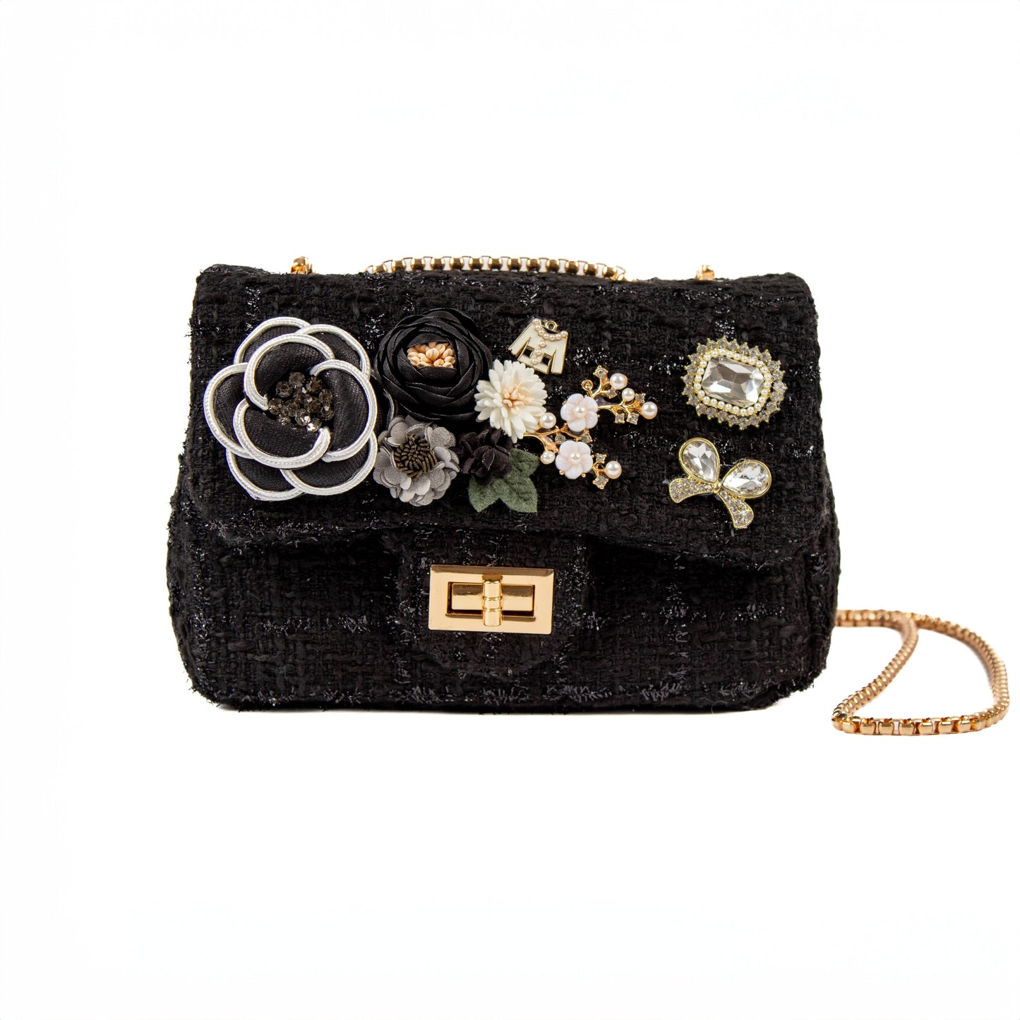 PEACH ACCESSORIES - Crystals jewelled tweed handbag: Multi-Colored