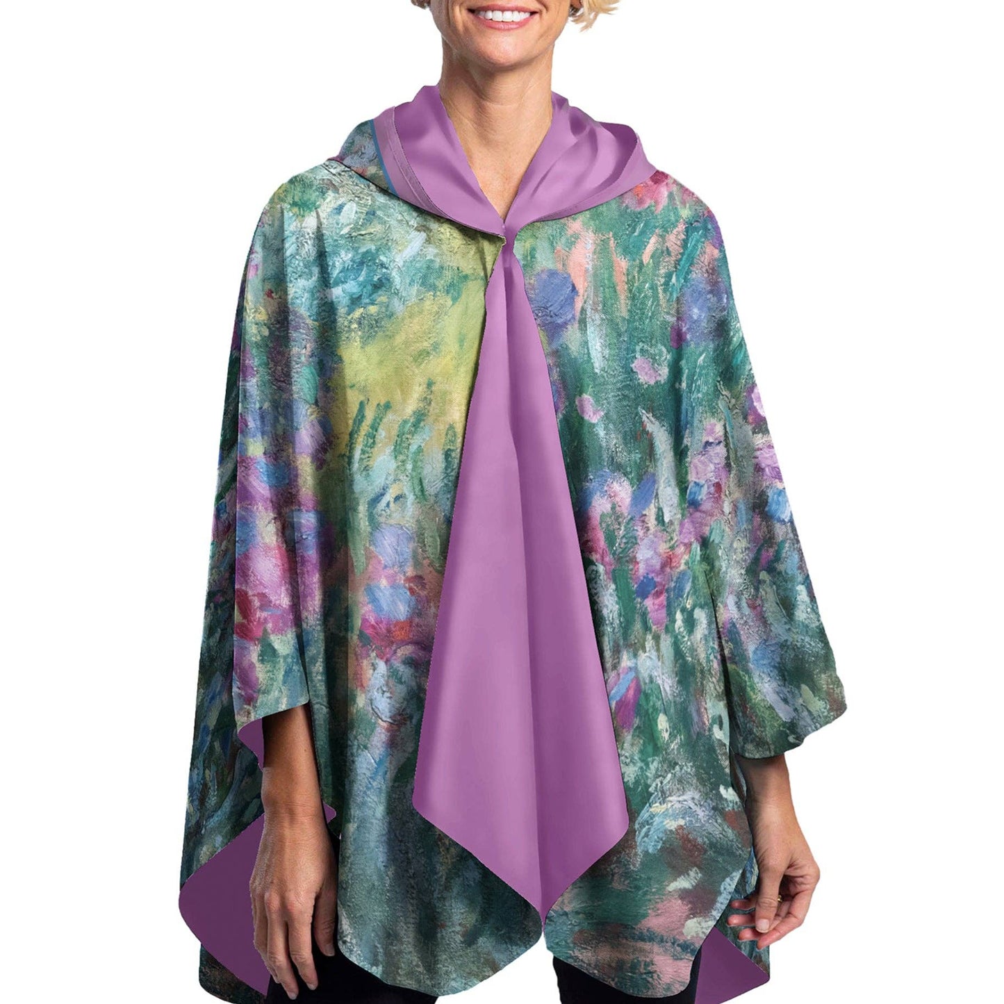 RainCaper - Monet Artist's Garden at Giverny Reversible Rain Cape Poncho – Lightweight Hooded Wrap for Women