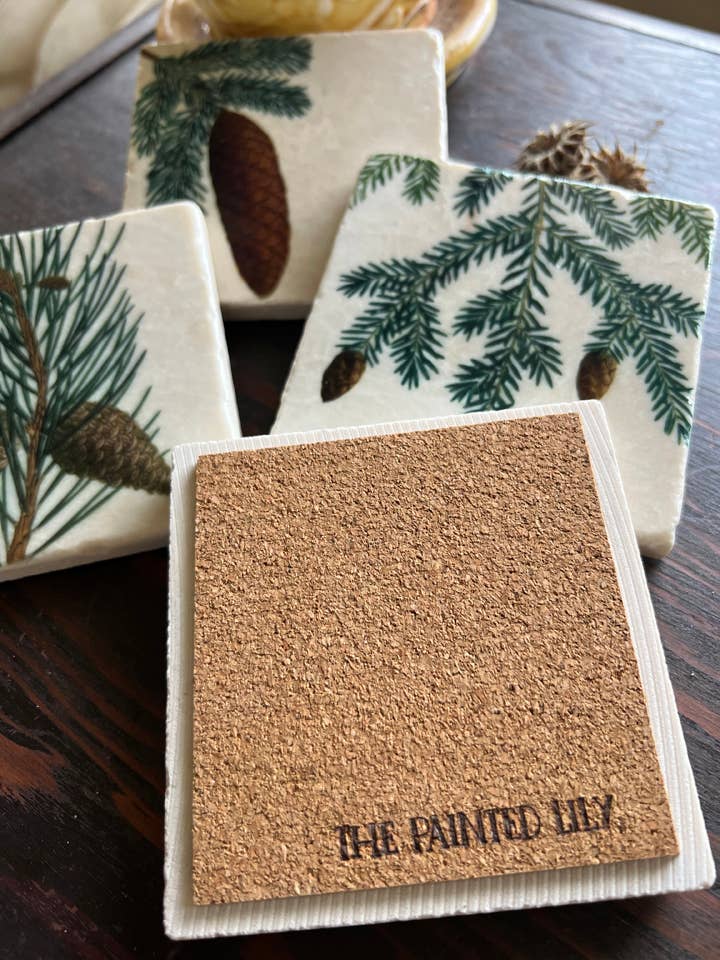 The Painted Lily - Pinecones stone coasters - case of 4