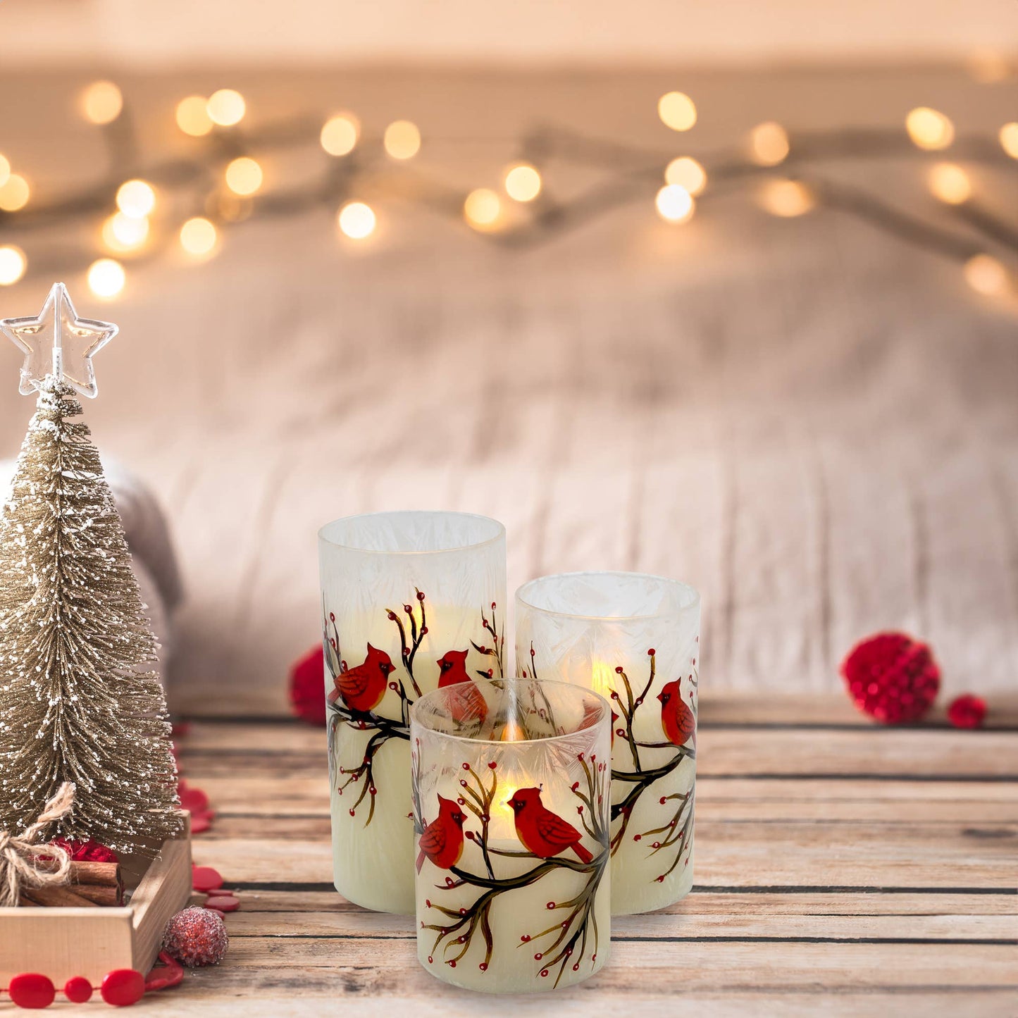 LumaBase - Battery-Operated Glass/Wax Candles- Red Cardinals, 3ct